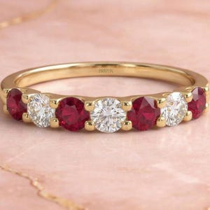 Ruby Diamond Half Eternity Ring Natural Ruby Band 14K Gold July Birthstone Stackable Wedding Anniversary Ring for Women