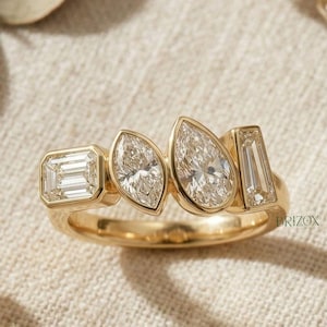 Multi Cut Moissanite Ring 14K Yellow Gold Mixed Shape Half Eternity Band Unique Statement Ring Modern Wedding Ring for Her