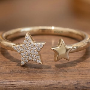 Star Moissanite Ring Dainty Gold Band Celestial Diamond Star Ring 14K Yellow Gold Minimalist Open Ring Gift for Her Stackable