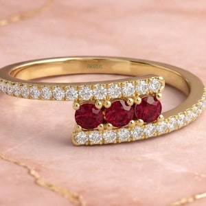 Ruby Diamond Wrap Ring 14K Gold Round Natural Ruby 3 Stone Ring Open Crossover Pave Diamond Band July Birthstone Gift for Her