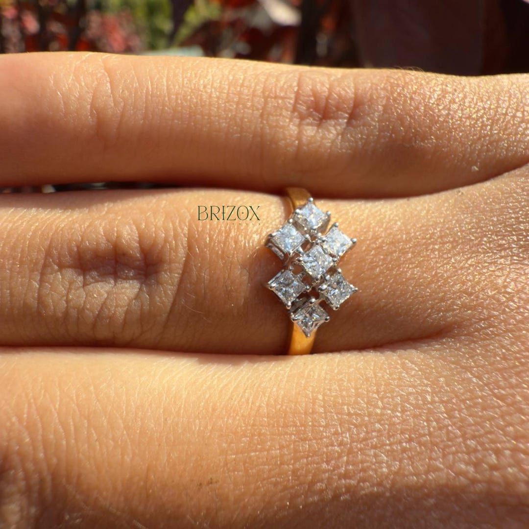 Princess Cut Lab Grown Diamond Ring 14K Yellow Gold Cluster Engagement ...