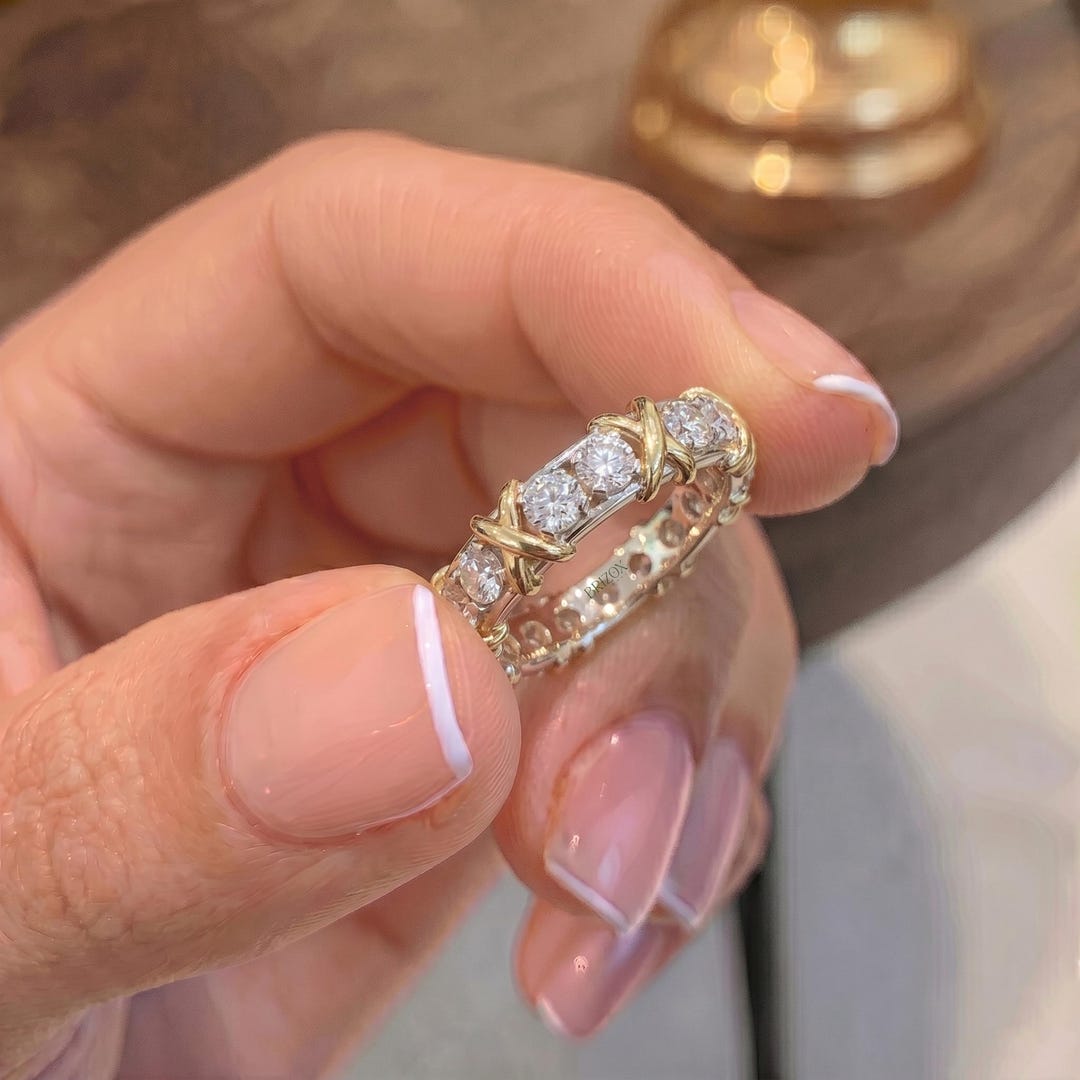 Round Moissanite Eternity Band 14K Gold Two Tone White Yellow Gold Ring ...