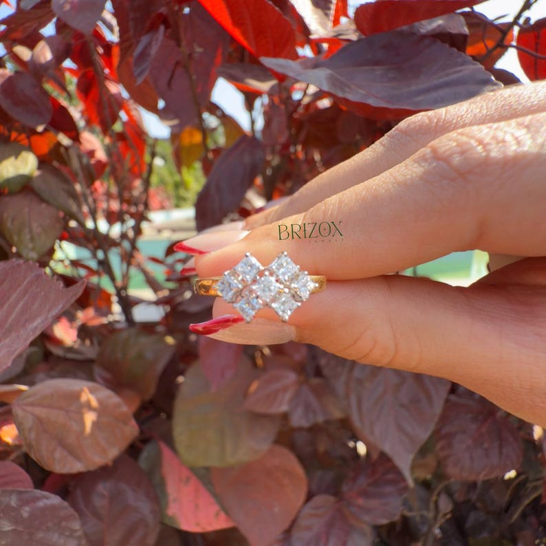Princess Cut Lab Grown Diamond Ring 14K Yellow Gold Cluster Engagement ...