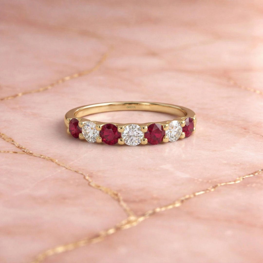 Ruby Diamond Ring Half Eternity Band 14K Yellow Gold Lab Grown Diamond ...