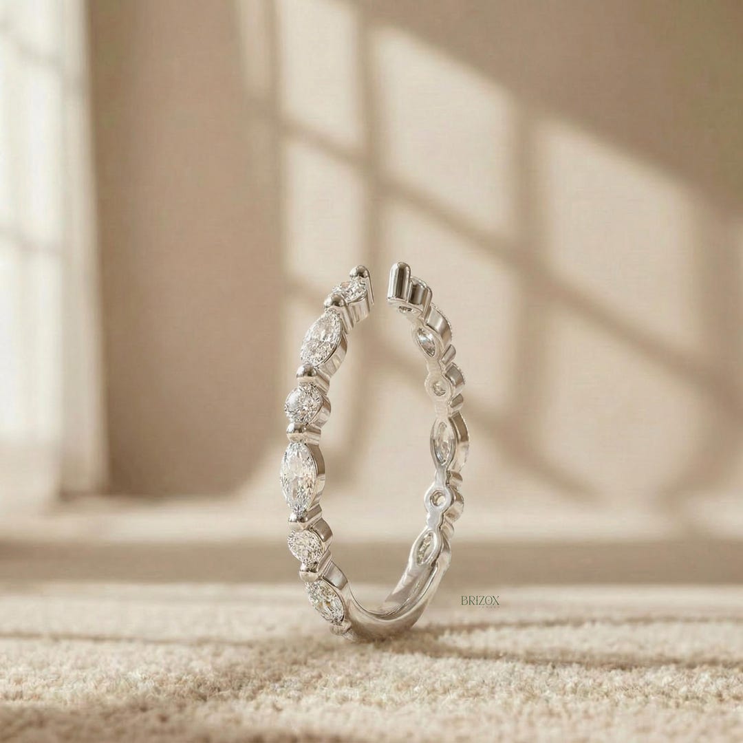 Lab Grown Diamond Half Eternity Band Round & Marquise Cut 14K White ...