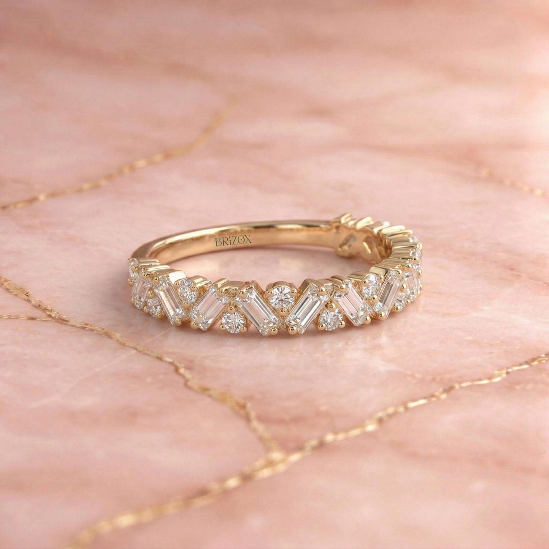 Baguette Moissanite Half Eternity Band 14K Gold Dainty Stackable ...