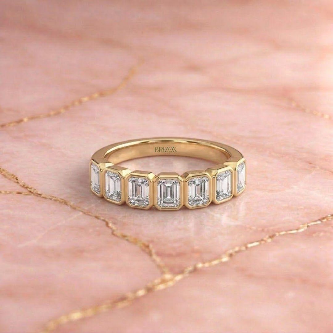 Emerald Cut Moissanite Eternity Band Bezel Set Half Eternity Ring 14K ...