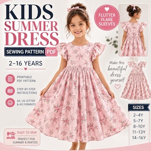 Kids Dress Pattern PDF, Flutter-Flare Sleeves, Printable Sizes 2–16Y