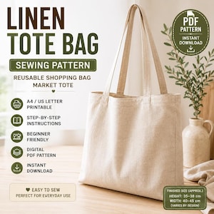 Patrón de costura para bolso de mano, bolso de lino DIY en PDF / Tamaño A4 Carta estadounidense para principiantes