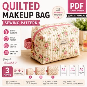 Quilted Makeup Bag PDF Sewing Pattern, Boxy Pouch, Beginner Friendly (Instant Download)