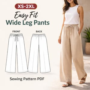 Elastic Waist Wide Leg Pants Sewing Pattern, Drawstring Lounge Pants PDF, Beginner Friendly Pant Pattern with Pocket