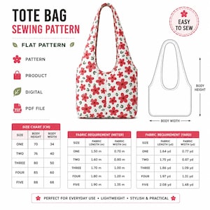Puede incluir: Un patrón de costura para bolso tote con estampado floral rojo sobre fondo blanco. La imagen incluye un dibujo técnico, una tabla de tallas en centímetros y tablas de requisitos de tela en metros y yardas para cinco tamaños distintos.