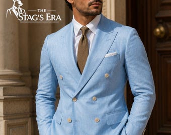 Himmelblauer Leinen Zweireihiger Anzug für Herren | Maßgeschneiderte Hochzeitsanzug | Slim Fit Hochzeitsanzug