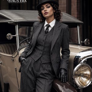Women's Vintage Grey Herringbone 3 Piece Suit | Custom Tailored Tweed Pantsuit | Blazer Vest & High Waist Trousers | 1920s Gangster Suit