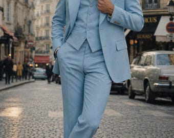 Vintage 70s sky blue flared suit - wide lapel blazer mens suit, retro disco style tailored outfit, classic 1970s fashion Vintage 70s suit