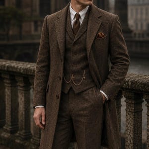 メンズレトロスーツ ブラウンウール 1920 年代オーバーコート 3 ピース