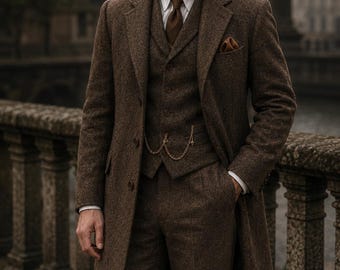 Brun tweedkostym i tre delar | Peaky Blinders-inspirerad vintagebrudkostym | Retro lång rockkostym | Skräddarsydda herrkläder från 1930-talet i brittisk stil