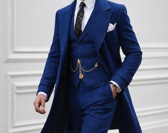 Royal Blue 3-Piece Vintage Style Suit | Men's Tailored Long Coat, Vest, Trousers