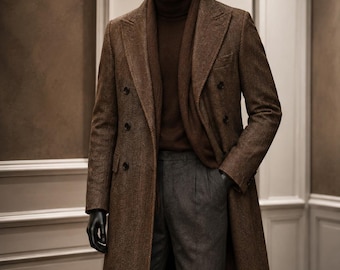 Brun dubbelknäppt fiskbensmönstrad ullöverrock från 1920-talet för män | Vintage trenchcoat | Vinterkappa i vintagestil | Peaky Blinders-stil