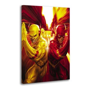 May include: A rectangular canvas wall art print featuring two figures in dynamic running poses, back-to-back. One figure is dressed in a bright yellow suit with red accents, while the other wears a deep red suit with yellow lightning bolt details.