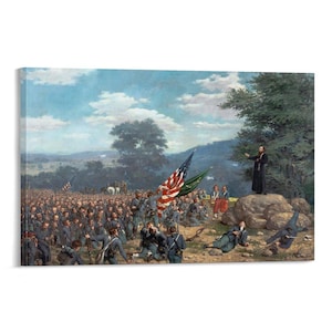 May include: A canvas print of a historical painting depicting a Civil War scene. Soldiers in blue uniforms gather on a battlefield, with an American flag and a man in a black robe speaking from a rock. The sky is blue with clouds.