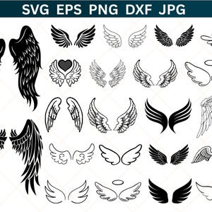 Puede incluir: Una colección de varios diseños de alas de ángel en formatos SVG, EPS, PNG, DXF y JPG. Las alas se representan en blanco y negro, con patrones de plumas detallados y contornos. Algunos diseños incluyen corazones y halos.