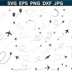 Könnte beinhalten: Eine Sammlung schwarzer Flugzeugvektorgrafiken mit gepunkteten Flugrouten, Herzen und Standortmarkierungen. Das Wort "love" ist in einer Schreibschrift geschrieben. Das Bild enthält den Text "SVG EPS PNG DXF JPG".