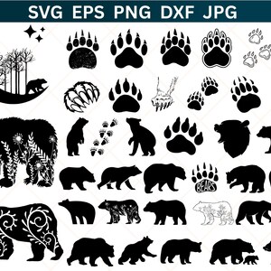 May include: A selection of black bear-themed SVG, EPS, PNG, DXF, and JPG files. The designs include bear silhouettes, paw prints, and a moon and tree scene. The word "BEARS" is also featured in one of the designs.