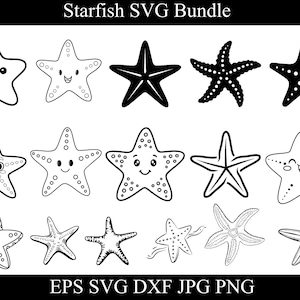 May include: A collection of starfish illustrations in black and white. The designs include various styles, from simple outlines to detailed patterns, and some with cute facial expressions. The image also includes the text "Starfish SVG Bundle".
