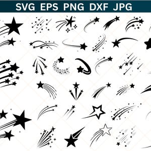 May include: A collection of black star illustrations in various designs, including shooting stars and star clusters. The image features the text "SVG EPS PNG DXF JPG" at the top, indicating file formats.