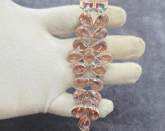 Pulsera de morganita color melocotón, plata de ley 925, pulsera curativa hecha a mano, joyería étnica bohemia, regalo para niñas.