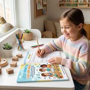 May include: A Cursive Handwriting & Sight Words Workbook with a colorful illustrated cover featuring children, letters, and the title text. The workbook is open on a white desk, showing lined pages with handwritten cursive practice sentences.