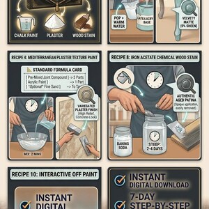 May include: A digital guide titled The Homemade Palette featuring 11 DIY paint, plaster, and stain recipes. The infographic displays instructions for ultra-matte chalk paint, Mediterranean plaster texture paint, and iron acetate chemical wood stain.