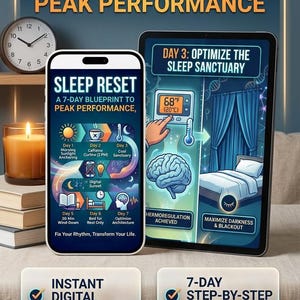 May include: A digital 7-day sleep reset blueprint displayed on a smartphone and tablet. The screens show a daily plan for peak performance, including icons for sunlight, caffeine, and temperature. Text includes 'SLEEP RESET' and 'A 7-DAY BLUEPRINT TO PEAK PERFORMANCE'.