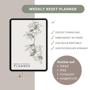 Könnte beinhalten: Ein digitaler Wochen-Reset-Planer auf einem Tablet. Der Planer zeigt eine florale Strichzeichnung und den Text "WEEKLY RESET PLANNER". Der Text weist darauf hin, dass er sofort heruntergeladen, unbegrenzt nutzbar, digital und druckbar ist.
