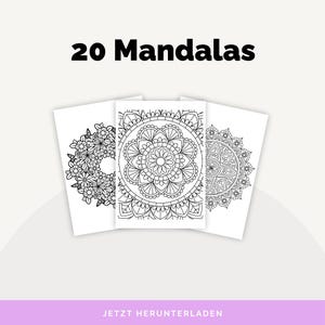 May include: Three white paper sheets with intricate black mandala designs. The text "20 Mandalas" is at the top, and the text "JETZT HERUNTERLADEN" is at the bottom. The mandalas feature floral and geometric patterns.