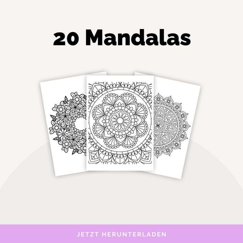 May include: Three white paper sheets with intricate black mandala designs. The text "20 Mandalas" is at the top, and the text "JETZT HERUNTERLADEN" is at the bottom. The mandalas feature floral and geometric patterns.