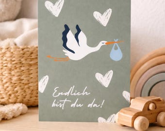 Birth announcement card with stork – Baby card download – Congratulations on the birth – Printable baby card – Card to print – New Baby Card