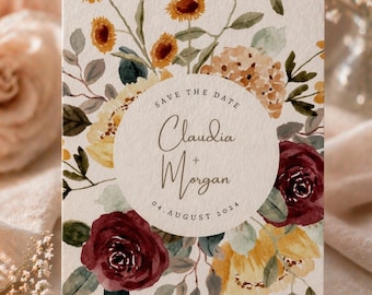 Save the Date Karte Hochzeit personalisiert Boho Blumen Aquarell | Hochzeitsankündigung individuell | Einladung Hochzeit modern