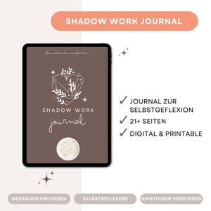 Könnte beinhalten: Ein digitales Shadow Work Journal auf einem Tablet. Das braune Cover hat weißen Text und Illustrationen. Das Journal enthält Anregungen zur Selbstreflexion und zum Erforschen von Emotionen. Es ist digital und druckbar.