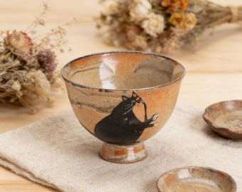 Handcrafted Cat Teacup | Vintage Japanese Kiln-Change Ceramic Tea Cup | Small Gongfu Tea Cup, Master Cup, Sake Cup, Gift for Cat Lovers