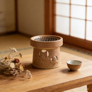 Könnte beinhalten: Ein brauner Keramik-Räuchergefäß mit Katzenmotiv. Der Brenner hat eine zylindrische Form mit einem Metallgitter oben und einer kleinen passenden Schale. Die Katze ist in die Seite geschnitzt.