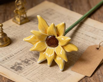 Handcrafted Ceramic Sunflower & Lotus Greenery Stems | Everlasting Cheerful Floral Decor | Vase Accents, Spring Home Accents