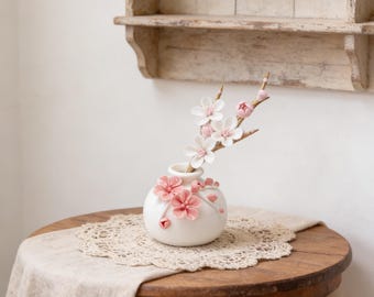 Hand-Pinched Plum Blossom Ceramic Vase | Mini Yangzhi Jade White Small Vase | Delicate Floral Tabletop Decor, Cherry Blossom Vessel
