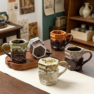 Handmade Ceramic Coffee Mug with Wood Lid | Nordic Style Drip Glaze Tea Cup | Artisan Pottery Stoneware | Unique Housewarming Gift