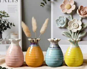 Little Ceramic Bud Vase Set, Colorful Pottery Vase, Small Flower Vase for Dried Flowers, Boho Home Decor, Shelf Decor Gift