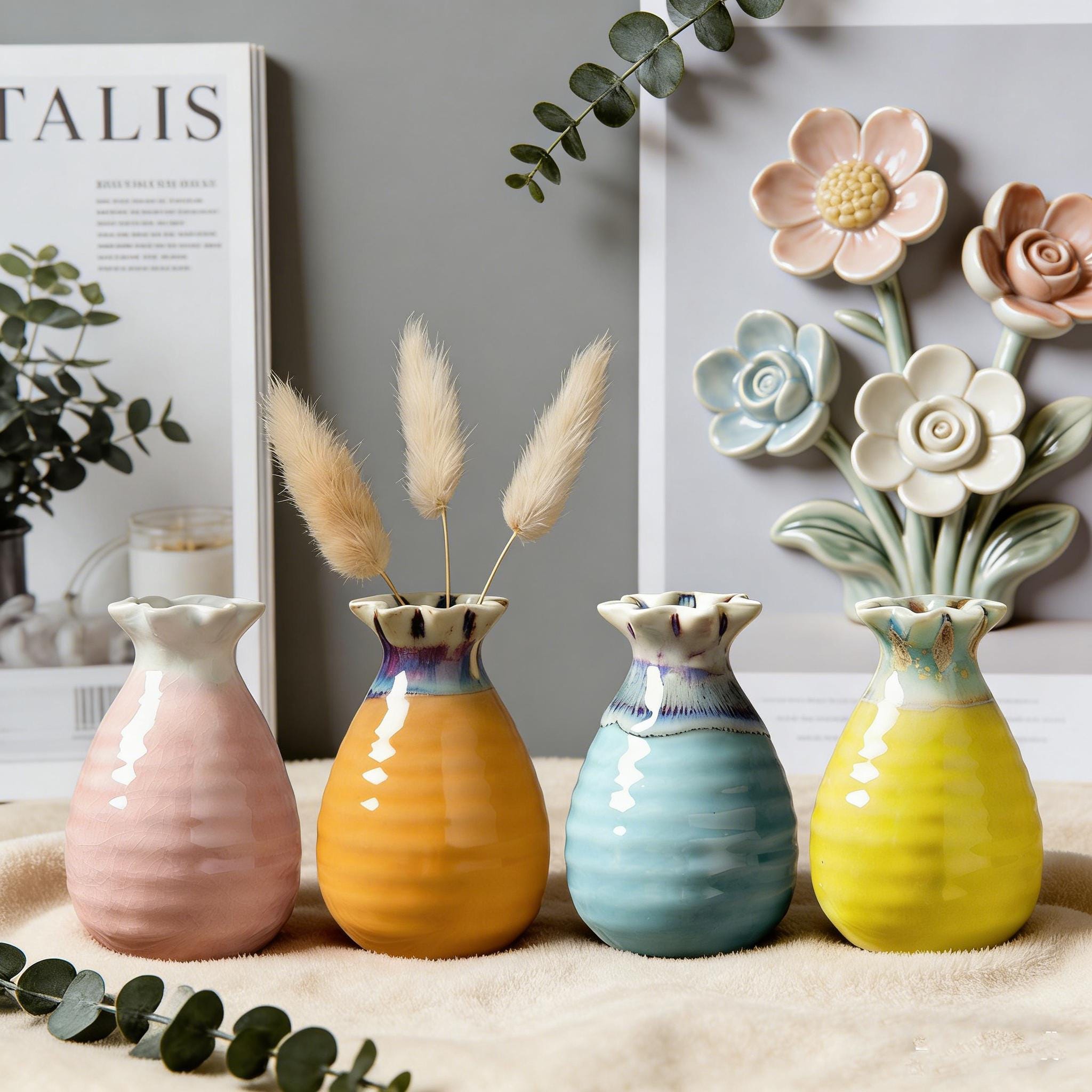 Multicolor geglazuurde keramische vaas, set van 4, flambe