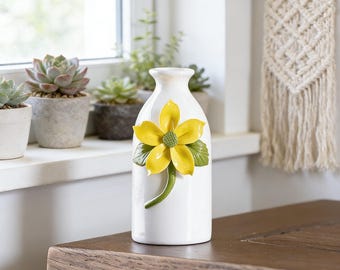 Minimalist Hand-Pinched Yellow Floral Ceramic Vase | 3D Flower Bud Vase | Graduation Gift | Tiny Decorative Vase for Tabletop & Shelf Decor
