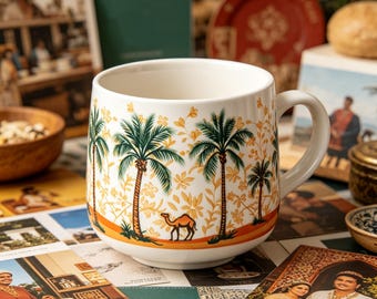Tropical Palm Tree Ceramic Mug | Desert Camel Coffee Cup | Island Vibes Traveler Gift | Exotic Beach House Decor | Summer Vacation Aesthetic