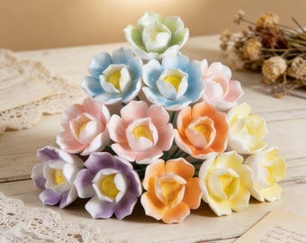 Mini keramisch bloemboeket, porseleinen tulp bloem decor, kleurrijke bloemen bureau decor, schattig Cottagecore woondecoratie, pastel bloem cadeau